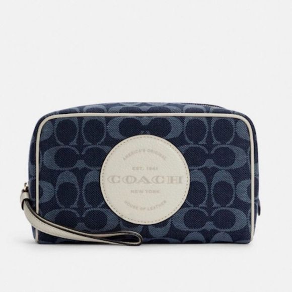 Coach Dempsey Large Boxy Cosmetic Case 20 Signature Denim With Coach Patch NWT - Picture 1 of 10